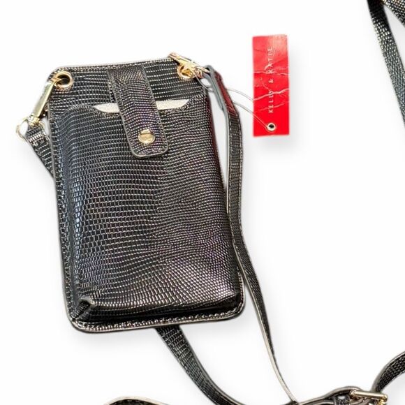 KELLY & KATIE Women’s Black Textured Faux Leather Crossbody Phone Bag NWT - Picture 3 of 5